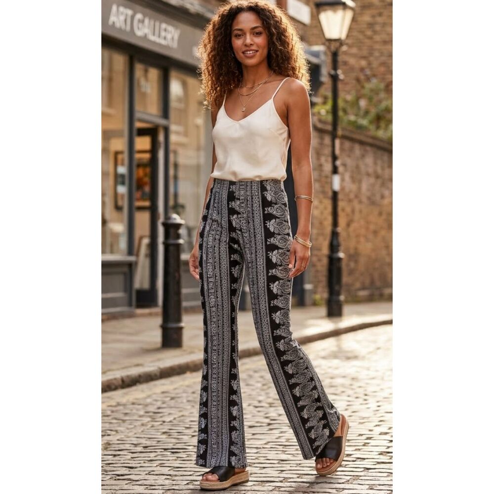 HIGH STREET Black White Paisley Flared High Waist Leggings Pants Womens Medium